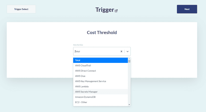 Select AWS Service on the Cost Threshold trigger screen