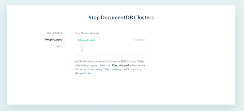 Stop DocumentDB Clusters - Keep Stopped option screenshot